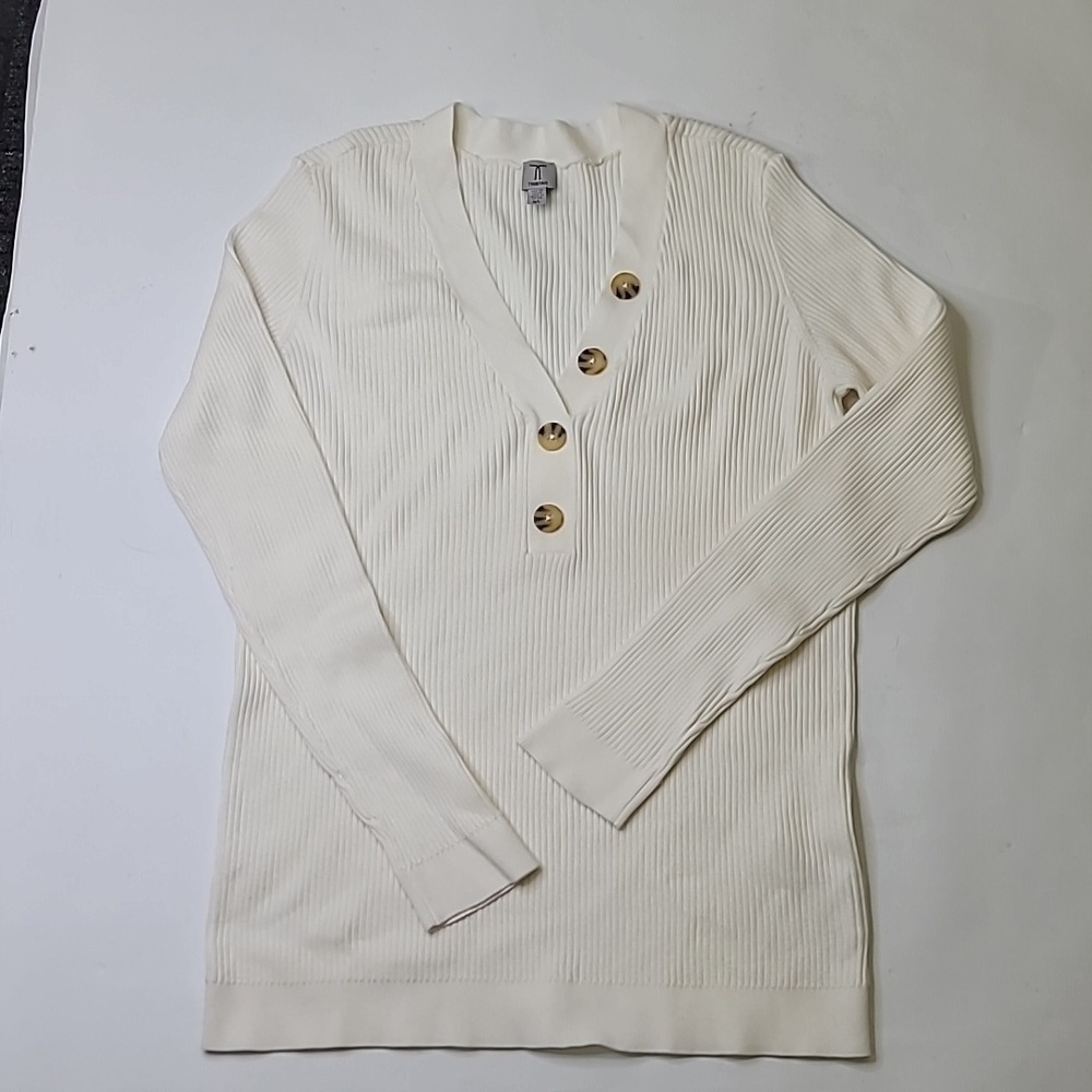 Tristan Cream Ribbed V-Neck Sweater Top with Gold Buttons